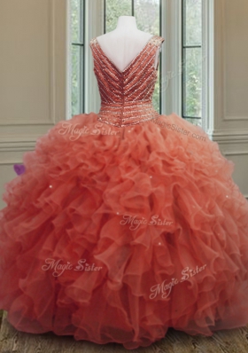 Graceful V-neck Sleeveless Organza 15 Quinceanera Dress Beading and Ruffles Zipper