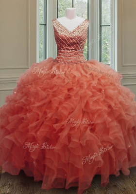 Graceful V-neck Sleeveless Organza 15 Quinceanera Dress Beading and Ruffles Zipper