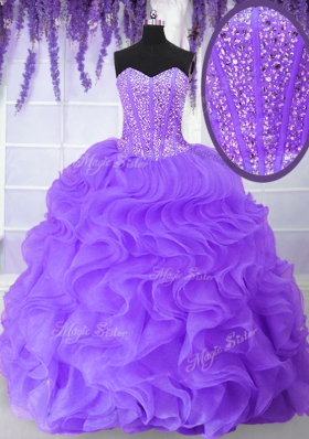 Hot Sale Purple Organza Lace Up Quinceanera Dress Sleeveless Floor Length Beading and Ruffles