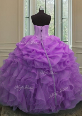 Lavender Organza Lace Up Sweet 16 Dresses Sleeveless Floor Length Beading and Ruffles and Pick Ups