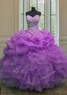 Lavender Organza Lace Up Sweet 16 Dresses Sleeveless Floor Length Beading and Ruffles and Pick Ups