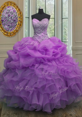 Lavender Organza Lace Up Sweet 16 Dresses Sleeveless Floor Length Beading and Ruffles and Pick Ups