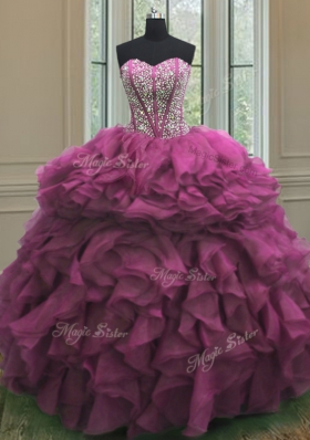 Modern Sleeveless Beading and Ruffles Lace Up Quince Ball Gowns