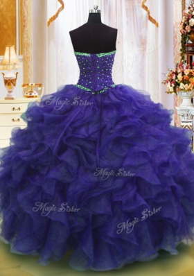 Nice Purple Strapless Lace Up Beading and Ruffles Quinceanera Gowns Sleeveless