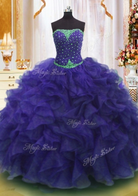 Nice Purple Strapless Lace Up Beading and Ruffles Quinceanera Gowns Sleeveless