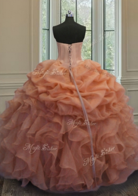 Orange Lace Up Quinceanera Gowns Beading and Ruffles and Pick Ups Sleeveless Floor Length