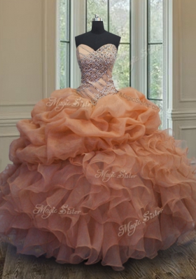 Orange Lace Up Quinceanera Gowns Beading and Ruffles and Pick Ups Sleeveless Floor Length