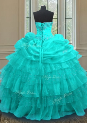 Organza Sweetheart Sleeveless Lace Up Beading and Ruffled Layers and Pick Ups Quinceanera Gowns in Aqua Blue