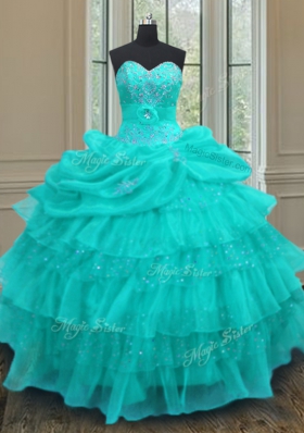 Organza Sweetheart Sleeveless Lace Up Beading and Ruffled Layers and Pick Ups Quinceanera Gowns in Aqua Blue