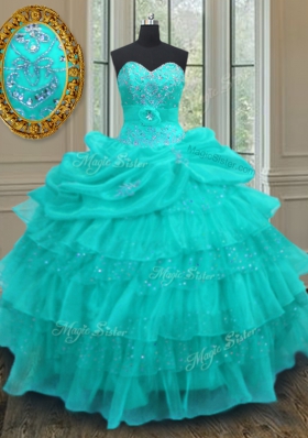 Organza Sweetheart Sleeveless Lace Up Beading and Ruffled Layers and Pick Ups Quinceanera Gowns in Aqua Blue