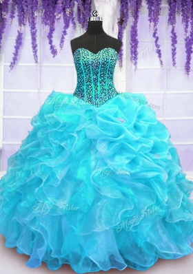 Pick Ups Aqua Blue Sleeveless Organza Lace Up 15th Birthday Dress for Military Ball and Sweet 16 and Quinceanera