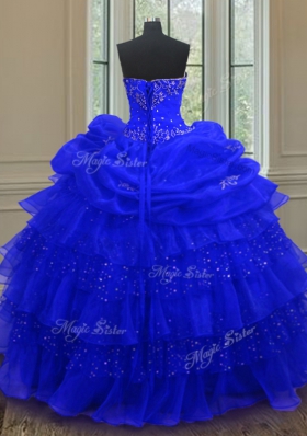 Pick Ups Ruffled Ball Gowns Sweet 16 Quinceanera Dress Royal Blue Sweetheart Organza Sleeveless Floor Length Lace Up