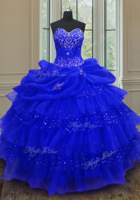 Pick Ups Ruffled Ball Gowns Sweet 16 Quinceanera Dress Royal Blue Sweetheart Organza Sleeveless Floor Length Lace Up