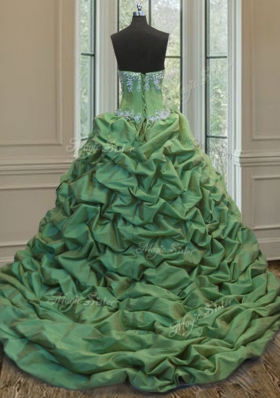 Pick Ups With Train Green Vestidos de Quinceanera Sweetheart Sleeveless Sweep Train Lace Up