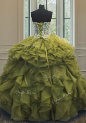 Pretty Floor Length Olive Green Vestidos de Quinceanera Organza Sleeveless Beading and Ruffles