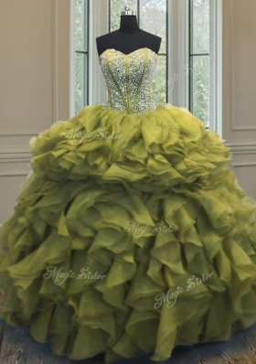 Pretty Floor Length Olive Green Vestidos de Quinceanera Organza Sleeveless Beading and Ruffles