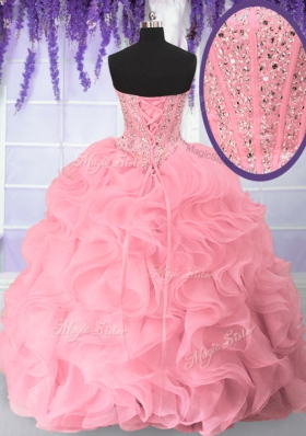 Pretty Organza Sweetheart Sleeveless Lace Up Beading and Ruffles Vestidos de Quinceanera in Pink
