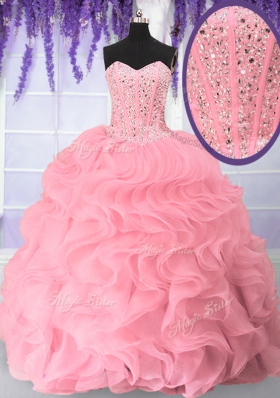 Pretty Organza Sweetheart Sleeveless Lace Up Beading and Ruffles Vestidos de Quinceanera in Pink
