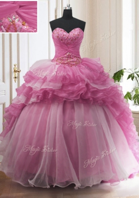 Ruffled With Train Rose Pink Ball Gown Prom Dress Sweetheart Sleeveless Sweep Train Lace Up