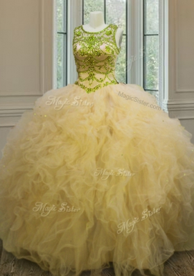 Scoop Floor Length Ball Gowns Sleeveless Light Yellow Sweet 16 Quinceanera Dress Lace Up