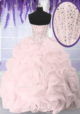Sumptuous Pink Sleeveless Organza Lace Up 15th Birthday Dress for Military Ball and Sweet 16 and Quinceanera