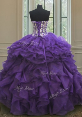 Sweetheart Sleeveless 15 Quinceanera Dress Floor Length Beading and Ruffles Eggplant Purple Organza