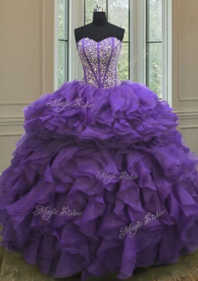 Sweetheart Sleeveless 15 Quinceanera Dress Floor Length Beading and Ruffles Eggplant Purple Organza