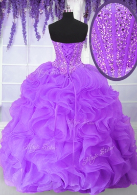 Sweetheart Sleeveless Sweet 16 Quinceanera Dress Floor Length Beading and Ruffles Purple Organza