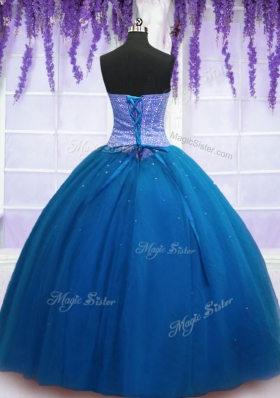 Teal Tulle Lace Up Sweet 16 Quinceanera Dress Sleeveless Floor Length Beading
