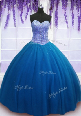 Teal Tulle Lace Up Sweet 16 Quinceanera Dress Sleeveless Floor Length Beading