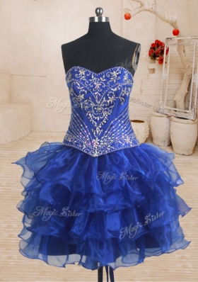 Three Piece Organza Sweetheart Sleeveless Brush Train Lace Up Beading and Ruffles Ball Gown Prom Dress in Royal Blue