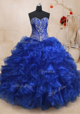 Three Piece Organza Sweetheart Sleeveless Brush Train Lace Up Beading and Ruffles Ball Gown Prom Dress in Royal Blue