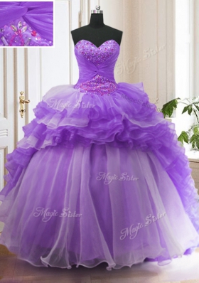 Top Selling Sweetheart Sleeveless 15 Quinceanera Dress With Train Sweep Train Beading and Ruffled Layers Lavender Organza