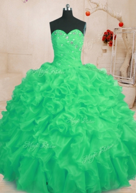 Green Organza Lace Up Sweetheart Sleeveless Floor Length Quinceanera Dresses Beading and Ruffles