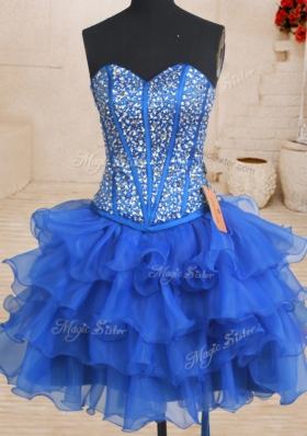 High Class Three Piece Organza Sweetheart Sleeveless Lace Up Beading and Ruffles Quince Ball Gowns in Royal Blue