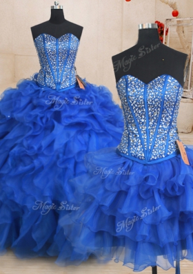 High Class Three Piece Organza Sweetheart Sleeveless Lace Up Beading and Ruffles Quince Ball Gowns in Royal Blue