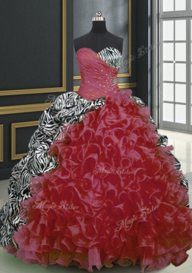 Admirable Printed Beading and Ruffles and Pattern Sweet 16 Dresses Wine Red Lace Up Sleeveless With Brush Train