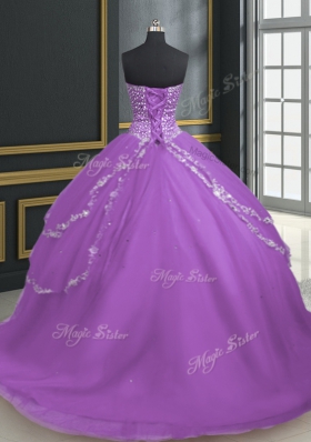 Affordable Lavender Sleeveless With Train Beading and Appliques Lace Up Ball Gown Prom Dress