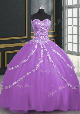 Affordable Lavender Sleeveless With Train Beading and Appliques Lace Up Ball Gown Prom Dress