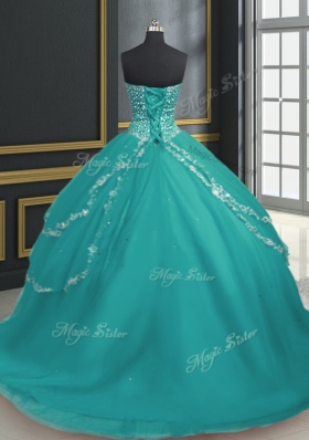 Attractive Sweetheart Sleeveless 15th Birthday Dress With Brush Train Beading and Appliques Turquoise Tulle