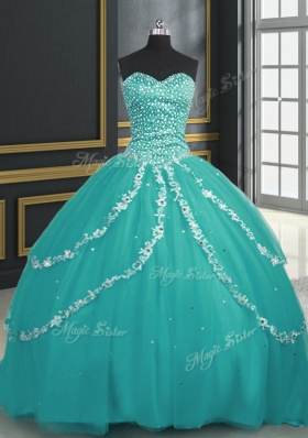 Attractive Sweetheart Sleeveless 15th Birthday Dress With Brush Train Beading and Appliques Turquoise Tulle