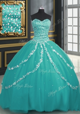 Attractive Sweetheart Sleeveless 15th Birthday Dress With Brush Train Beading and Appliques Turquoise Tulle