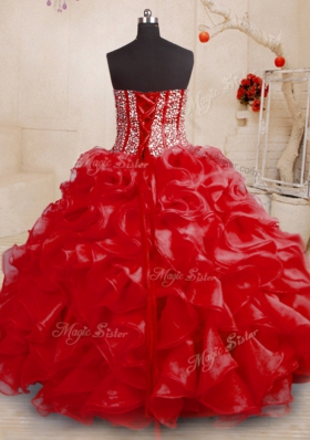 Ball Gowns Vestidos de Quinceanera Red Sweetheart Organza Sleeveless Floor Length Lace Up