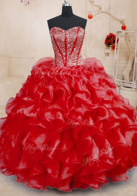 Ball Gowns Vestidos de Quinceanera Red Sweetheart Organza Sleeveless Floor Length Lace Up