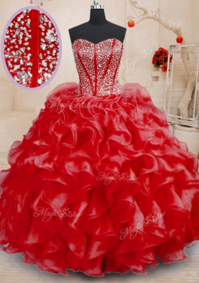 Ball Gowns Vestidos de Quinceanera Red Sweetheart Organza Sleeveless Floor Length Lace Up