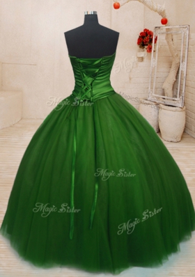 Beautiful Strapless Sleeveless Lace Up Sweet 16 Dresses Green Tulle