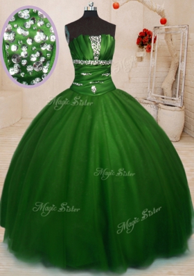 Beautiful Strapless Sleeveless Lace Up Sweet 16 Dresses Green Tulle