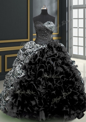 Black Sleeveless Organza and Printed Brush Train Lace Up Sweet 16 Dress for Military Ball and Sweet 16 and Quinceanera