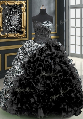 Black Sleeveless Organza and Printed Brush Train Lace Up Sweet 16 Dress for Military Ball and Sweet 16 and Quinceanera