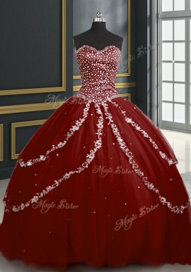 Burgundy Ball Gowns Beading and Appliques Ball Gown Prom Dress Lace Up Tulle Sleeveless With Train